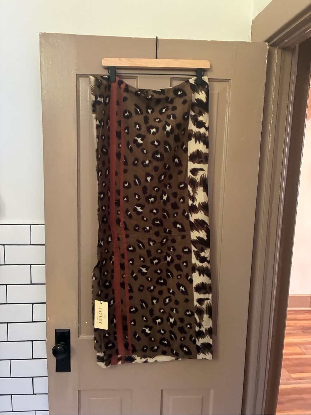 Cashmere Blend Leopard Print Brown Lightweight Scarf Wrap with Accent Stripe